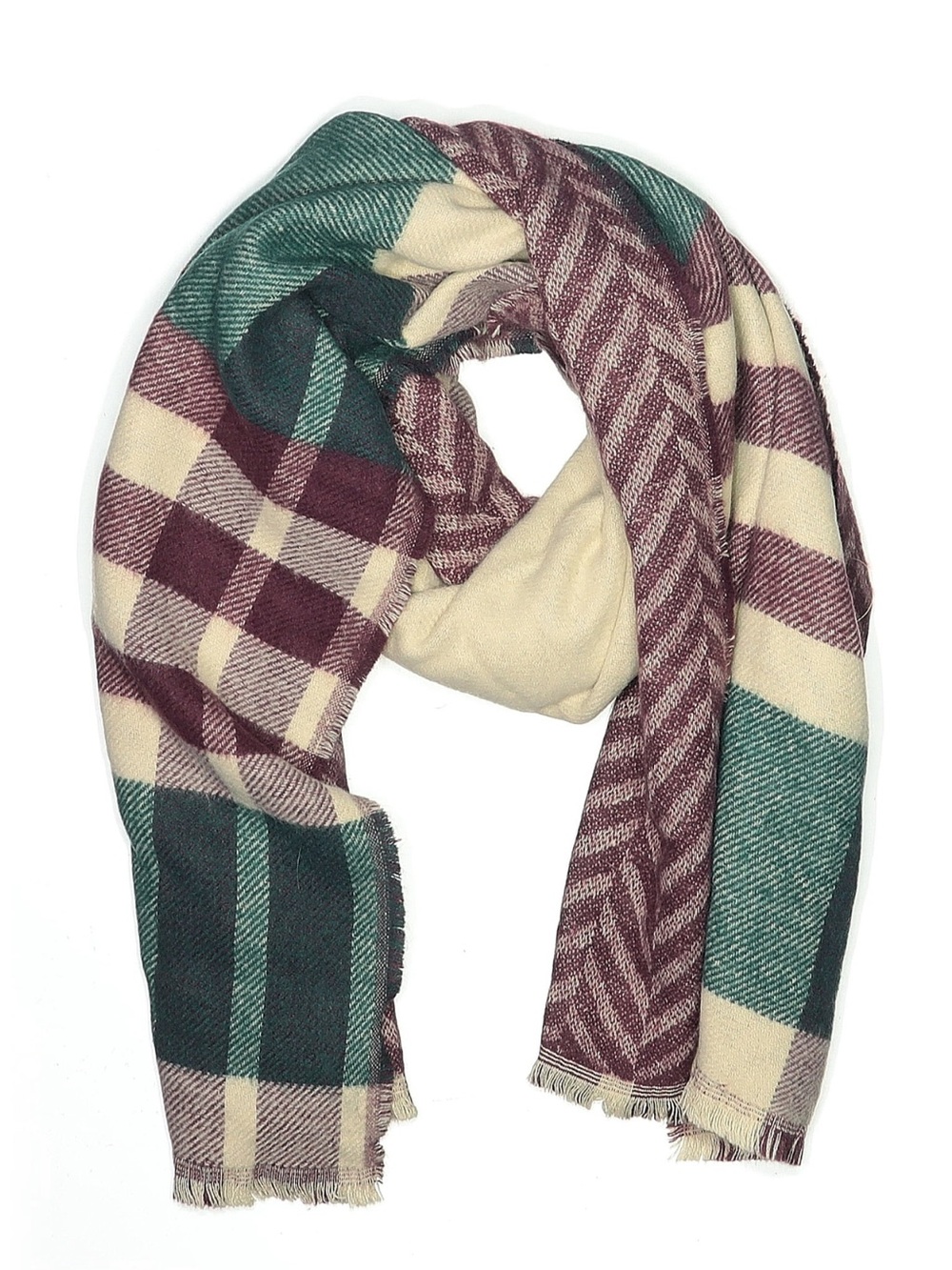Source Unknown Plaid Wrap Scarf in Cream, Burgundy & Teal